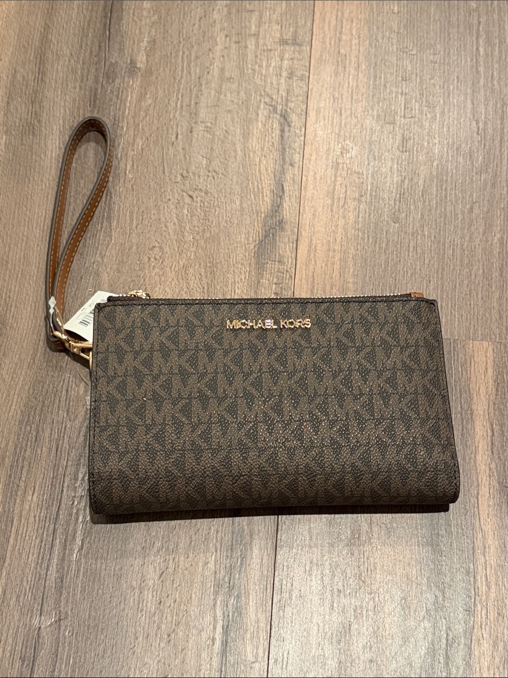 Michael Kors | Dark Brown MK Logo Wristlet with Gold Hardware